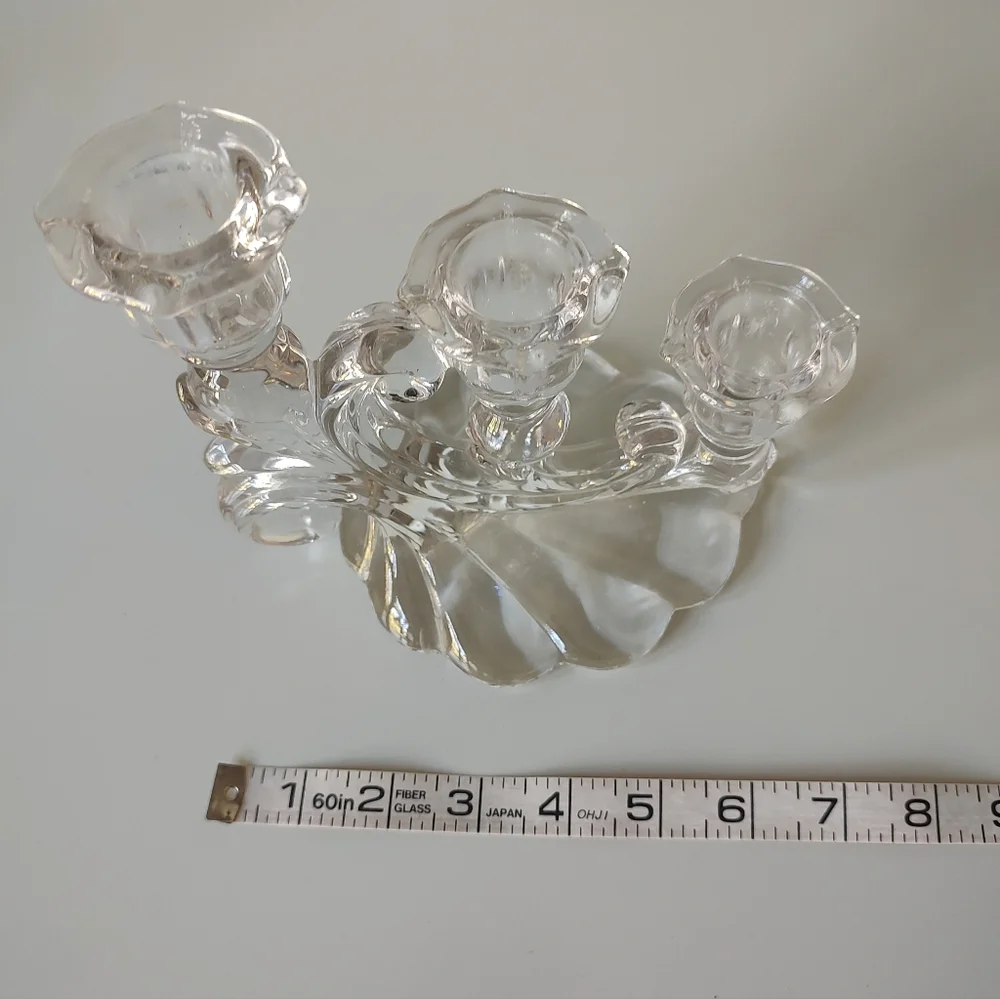 Vintage Cambridge Glass Caprice Three Light Candlestick Pair Chrystal Clear